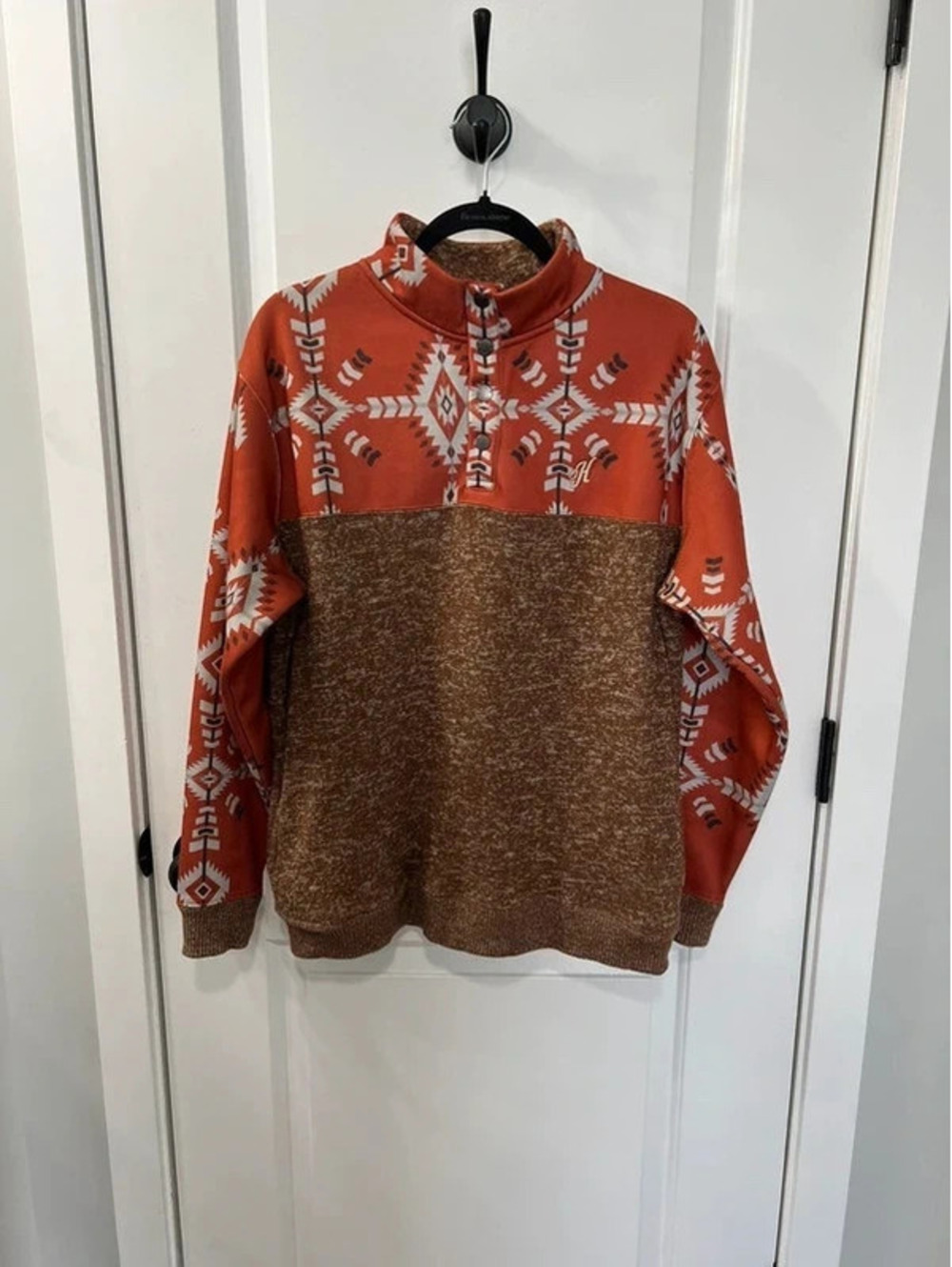 Hooey Western Aztec Pullover Sweatshirt Men’s Medium Brown Rust Snap Neck
